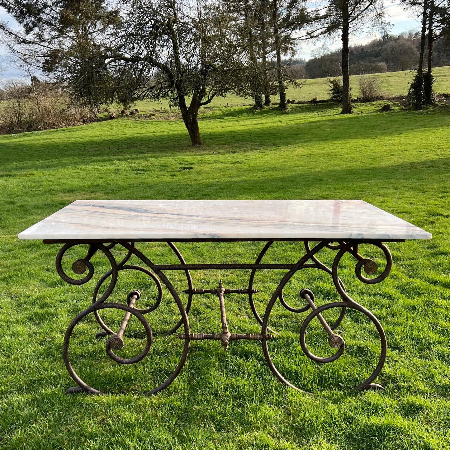 Rare Oversized French Patisserie Table with San Marino Venato Marble Top c.1880