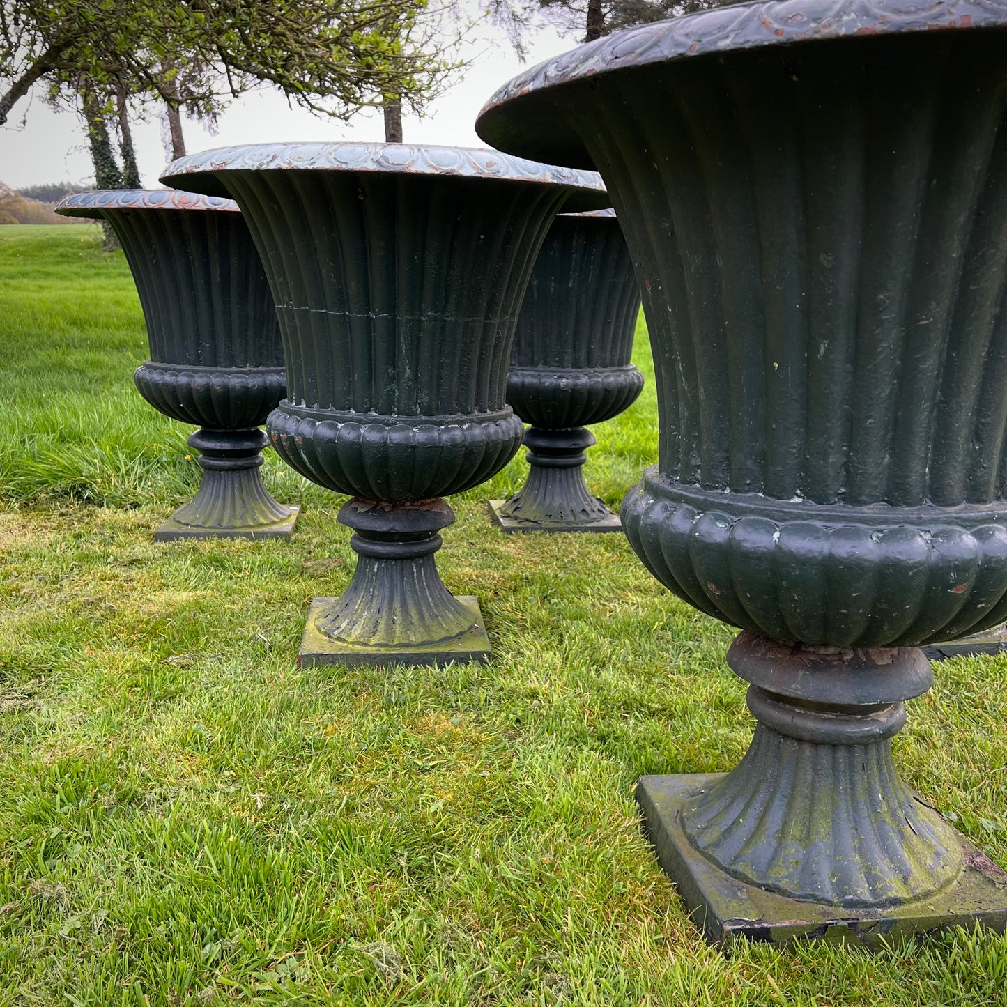 Set of Six Huge French Cast Iron Campana Urns