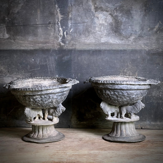 Pair of Georgian Lead Urns with Lion Supports, England c.1820