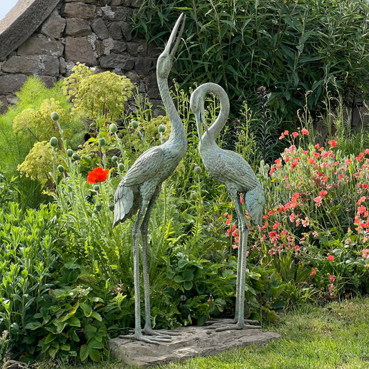 Pair of Meiji Style Bronze Garden Cranes with Fountain Spouts Mid 20th Century