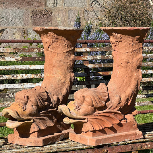 Pair of Italian Terracotta Dolphin Fountain Spouts, Late 18th / Early 19th Century