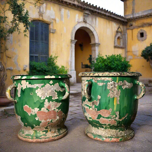 Huge Pair of Green Glazed Castelnaudary Citrus Jardinieres c.1850