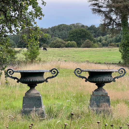 Pair of English Cast Iron Garden Urns with Plinths c.1870