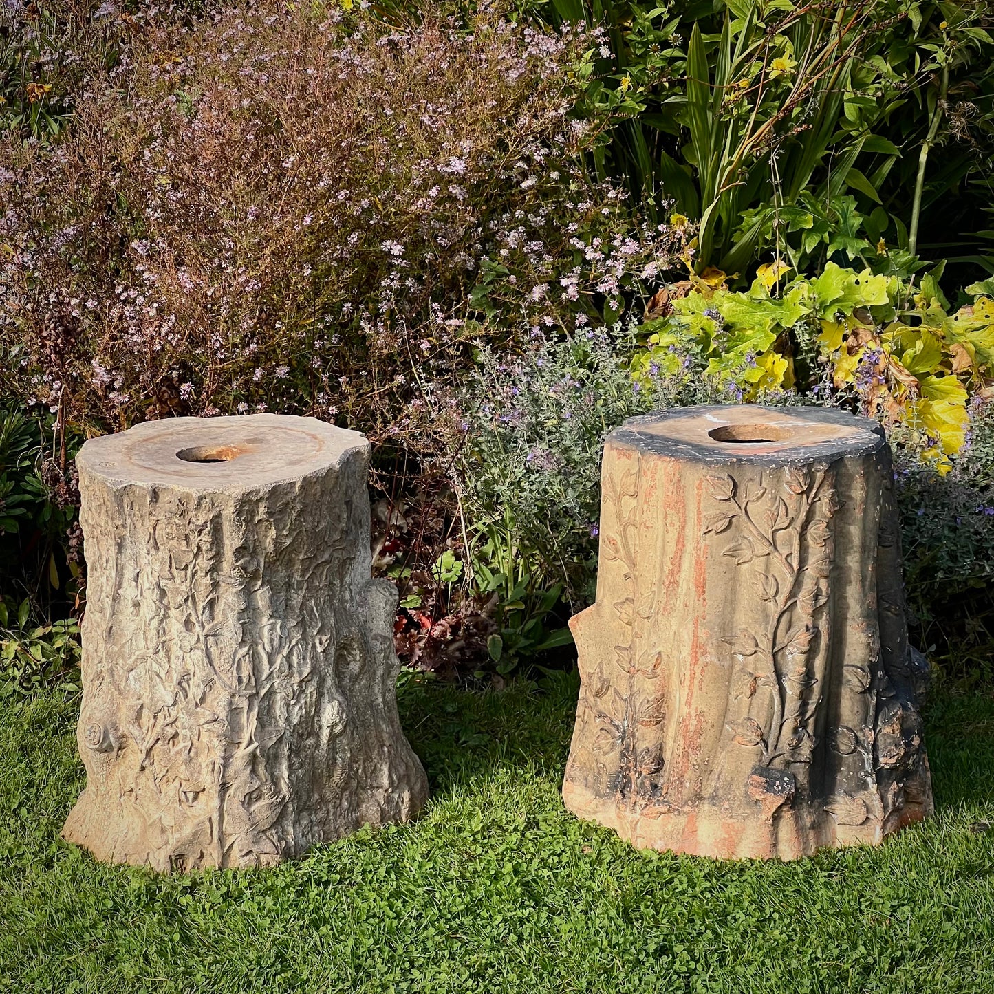 Pair of English Terracotta Tree Stump or Stumpery Pedestals by Gibbs & Canning, Tamworth c.1870