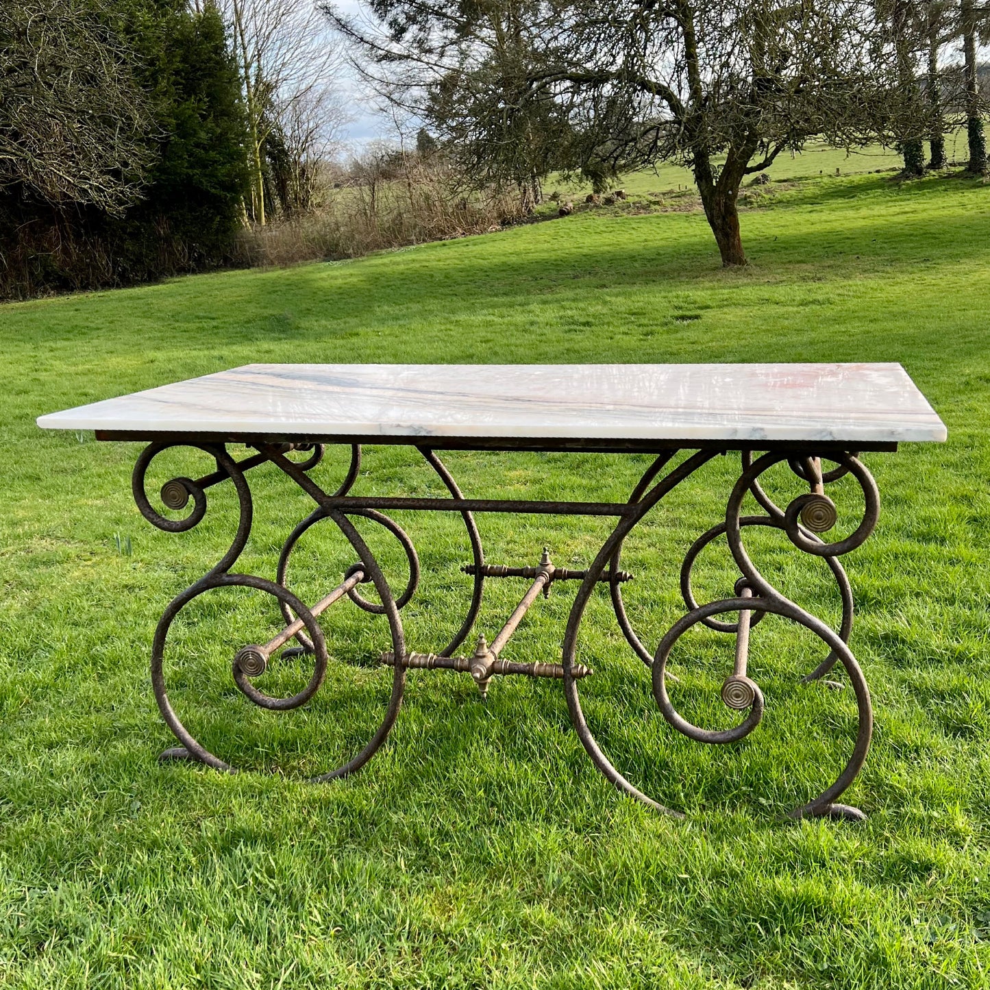 Rare Oversized French Patisserie Table with San Marino Venato Marble Top c.1880