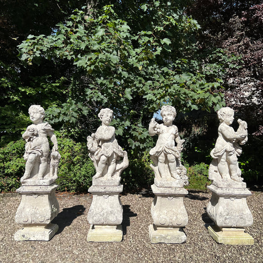 French Limestone Four Seasons Statues with Plinths c. Late 17th/Early 18th Century