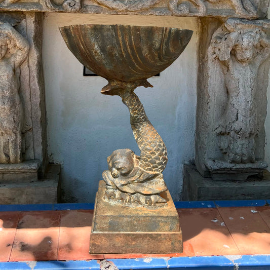 Cast Iron Dolphin and Scallop Shell Fountain Basin Early 20th Century