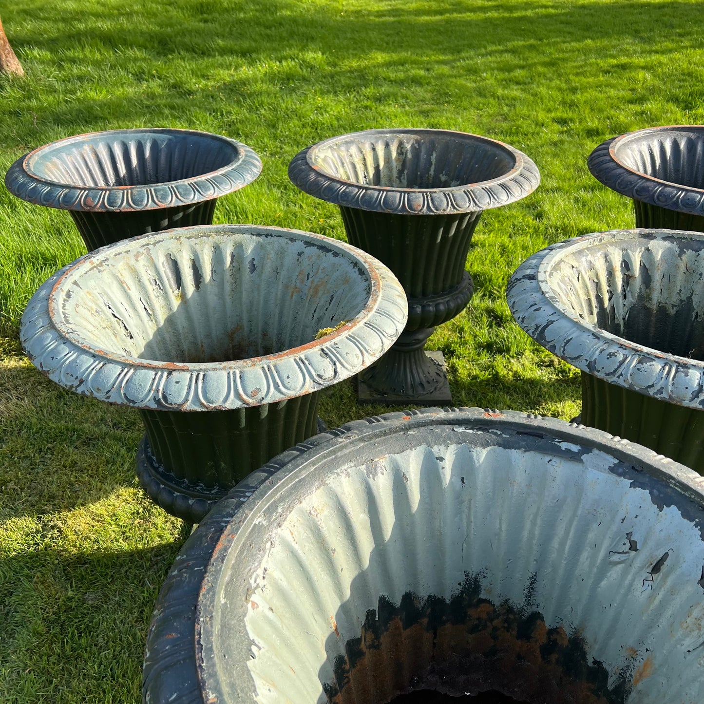 Set of Six Huge French Cast Iron Campana Urns