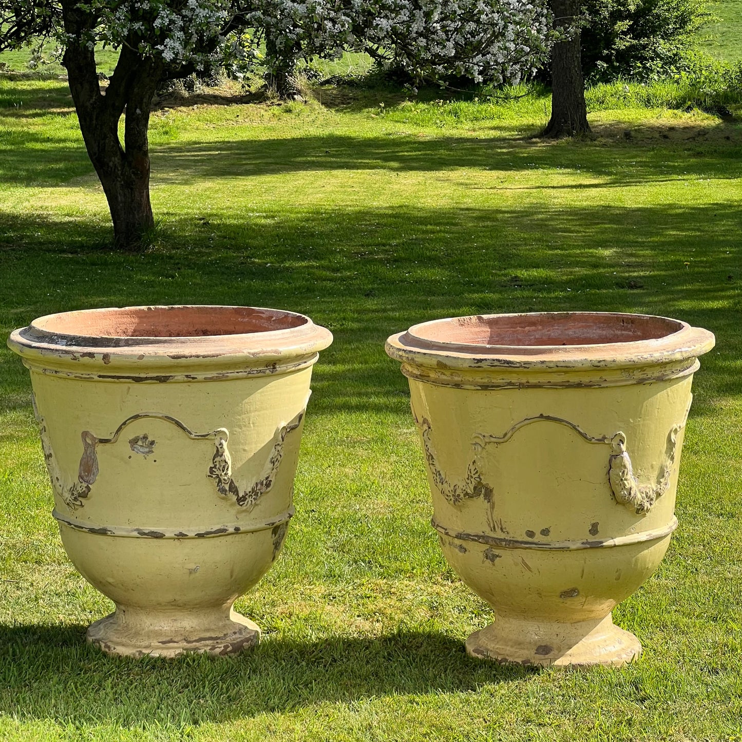 Huge Pair of Cream Glazed Terracotta “Jarre d’Anduze” Urns