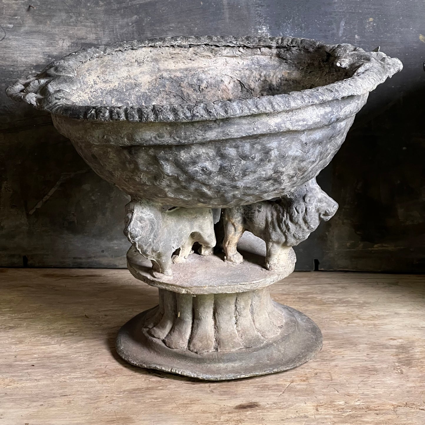 Pair of Georgian Lead Urns with Lion Supports, England c.1820