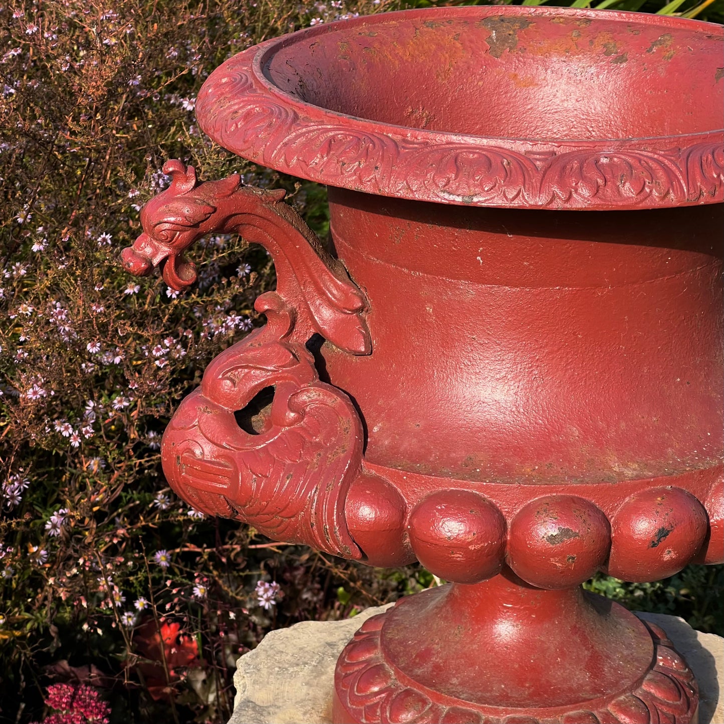 Pair of English Cast-Iron Urns with Dragon Handles