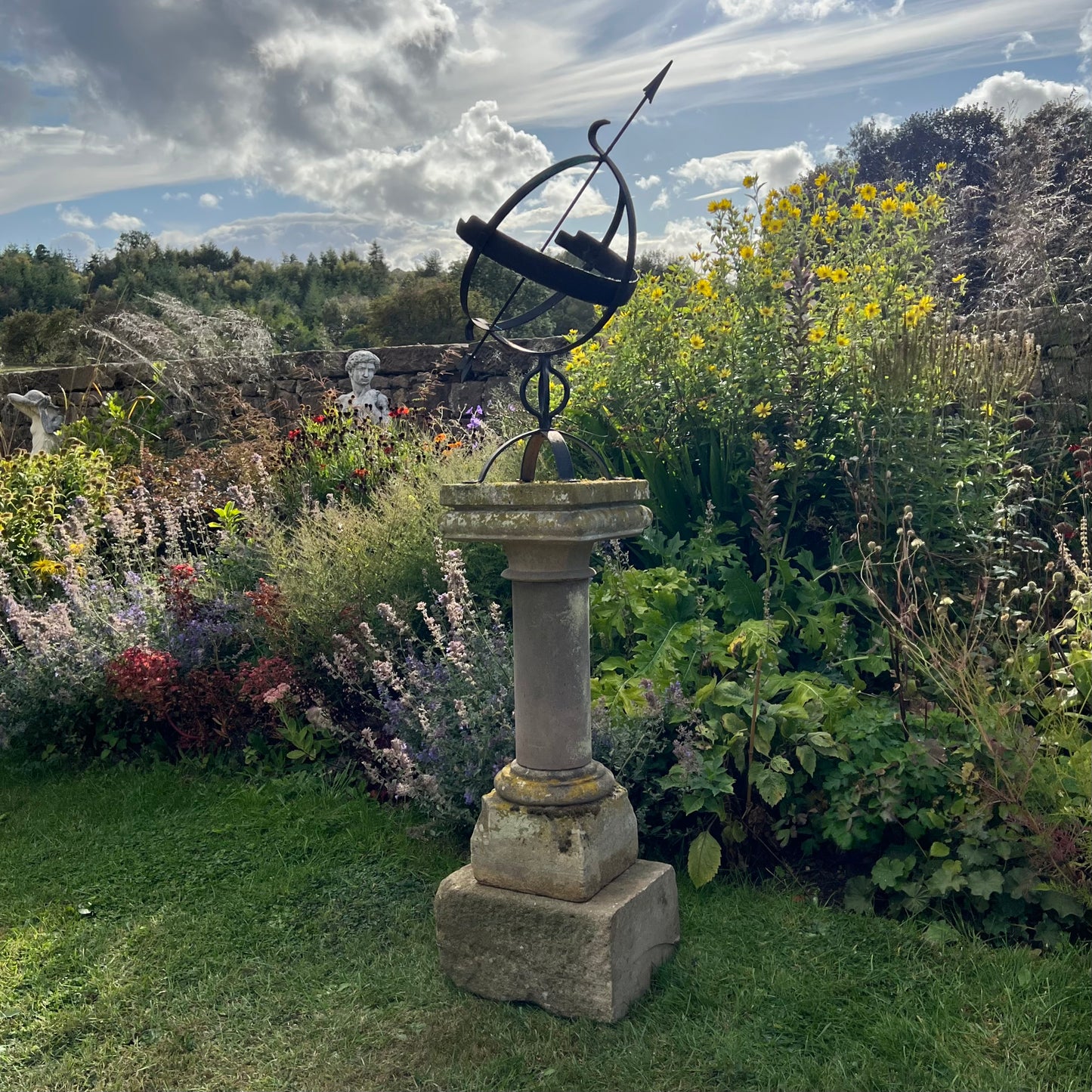 Wrought Iron Armillary Sphere upon English Carved Stone Column