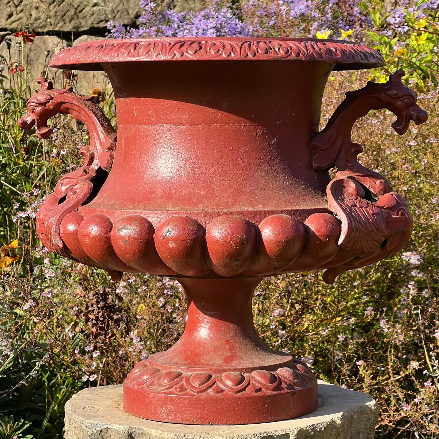 Pair of English Cast-Iron Urns with Dragon Handles