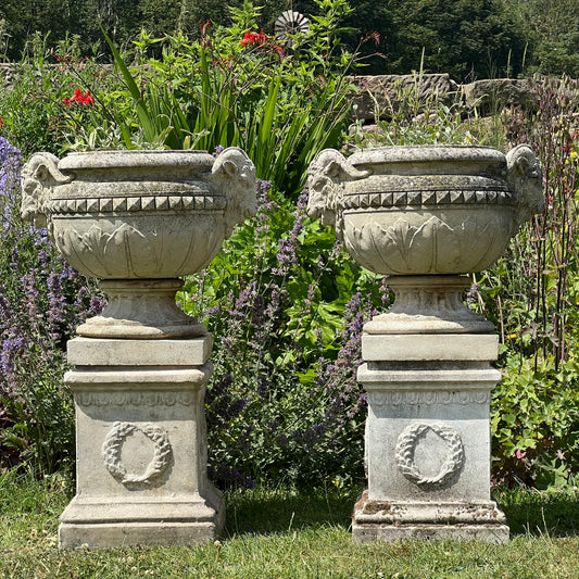 Pair of Composite Stone Rams Head Urns on Later Pedestals, Late 20th Century