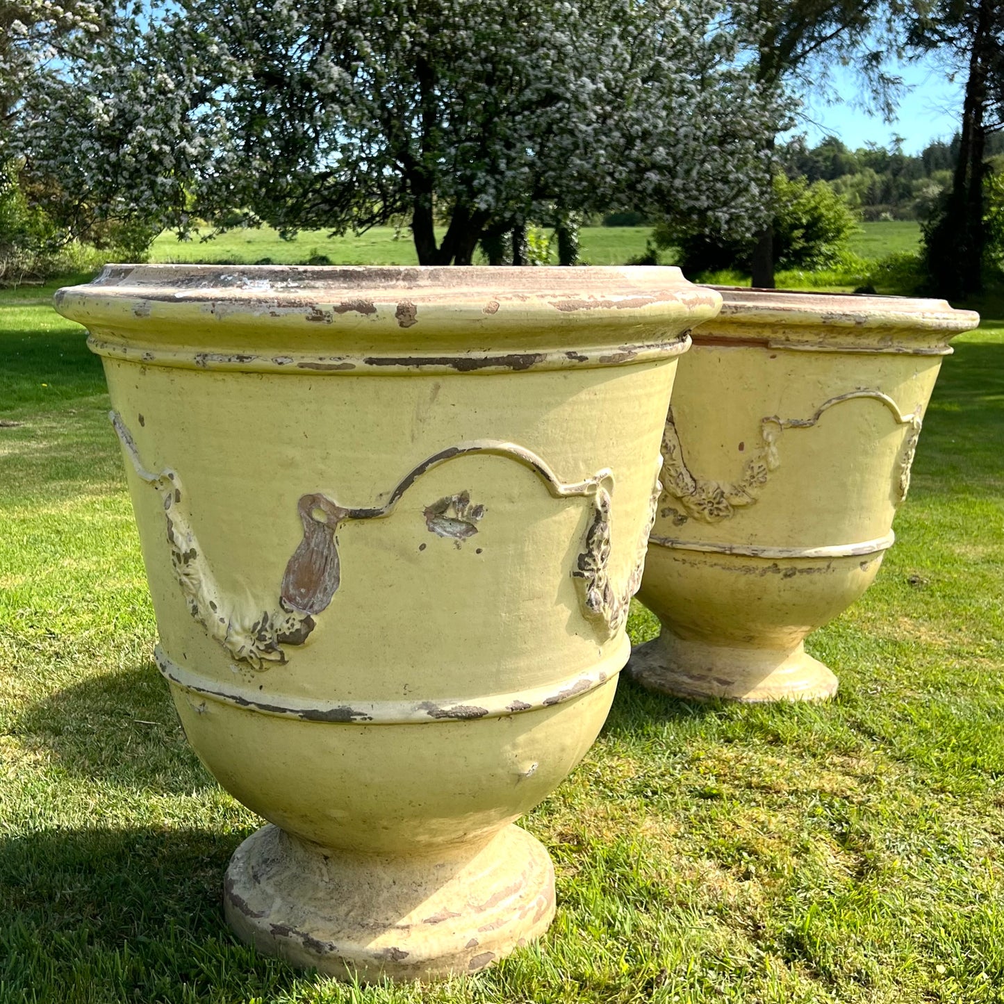 Huge Pair of Cream Glazed Terracotta “Jarre d’Anduze” Urns