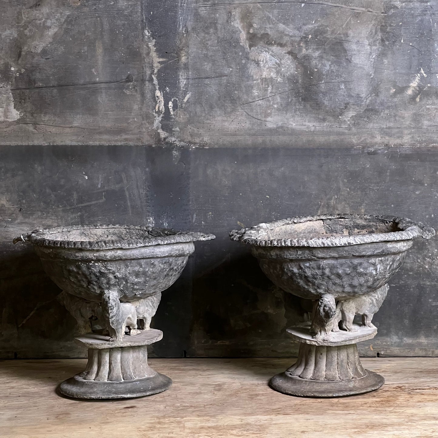 Pair of Georgian Lead Urns with Lion Supports, England c.1820