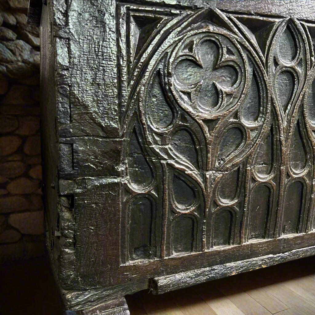 Remarkable English Oak Gothic Coffer c.1480