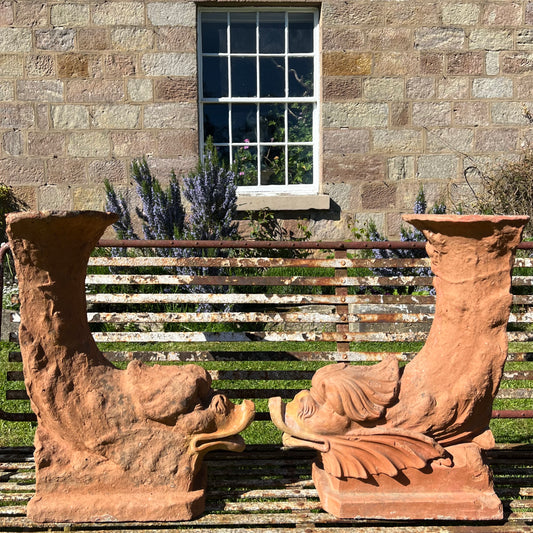 Pair of Italian Terracotta Dolphin Fountain Spouts, Late 18th / Early 19th Century