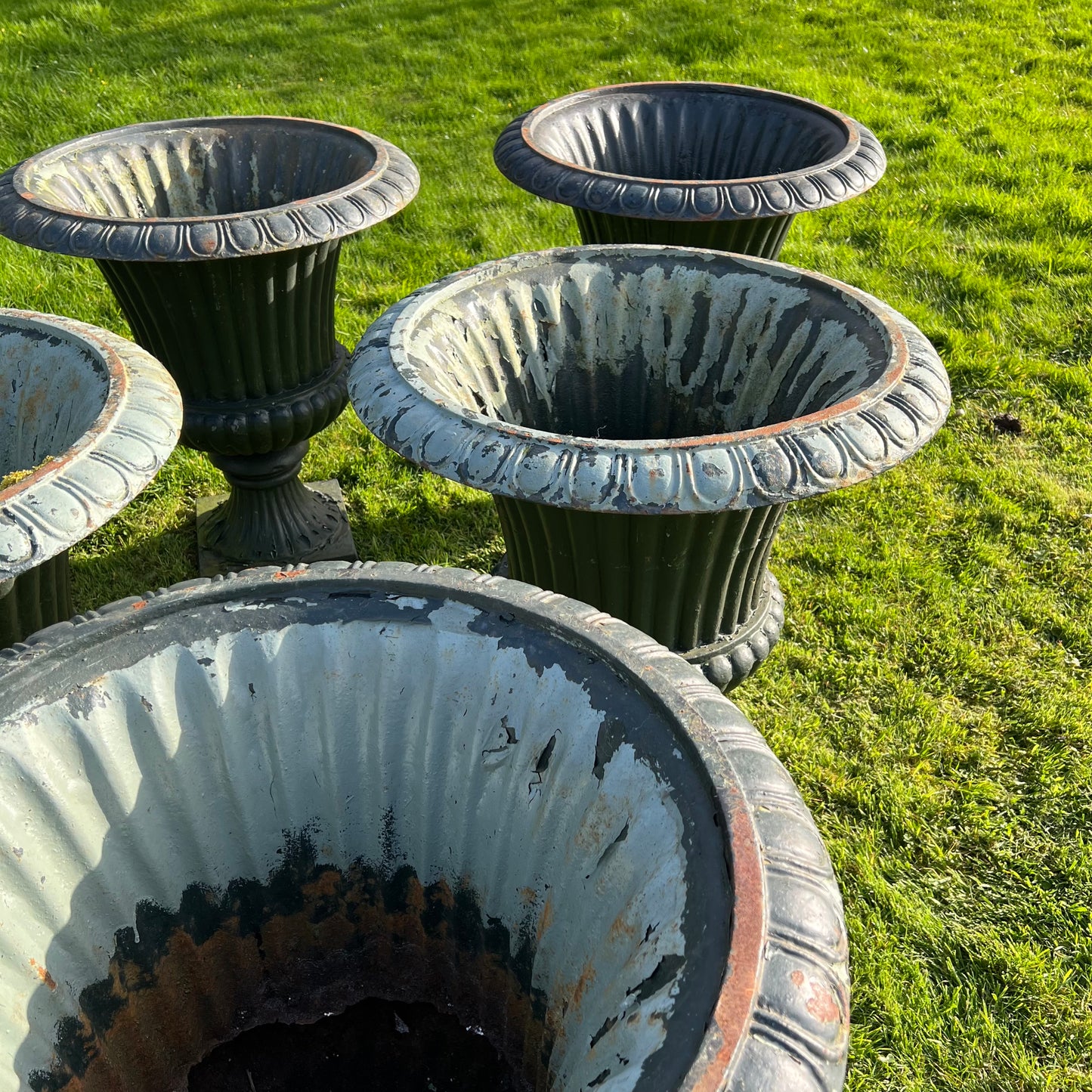 Set of Six Huge French Cast Iron Campana Urns