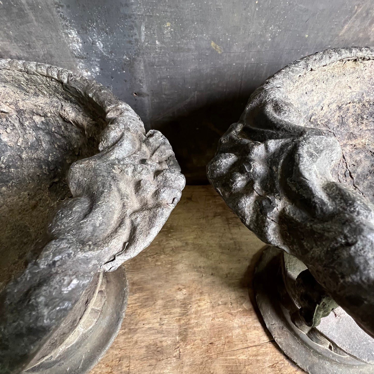 Pair of Georgian Lead Urns with Lion Supports, England c.1820