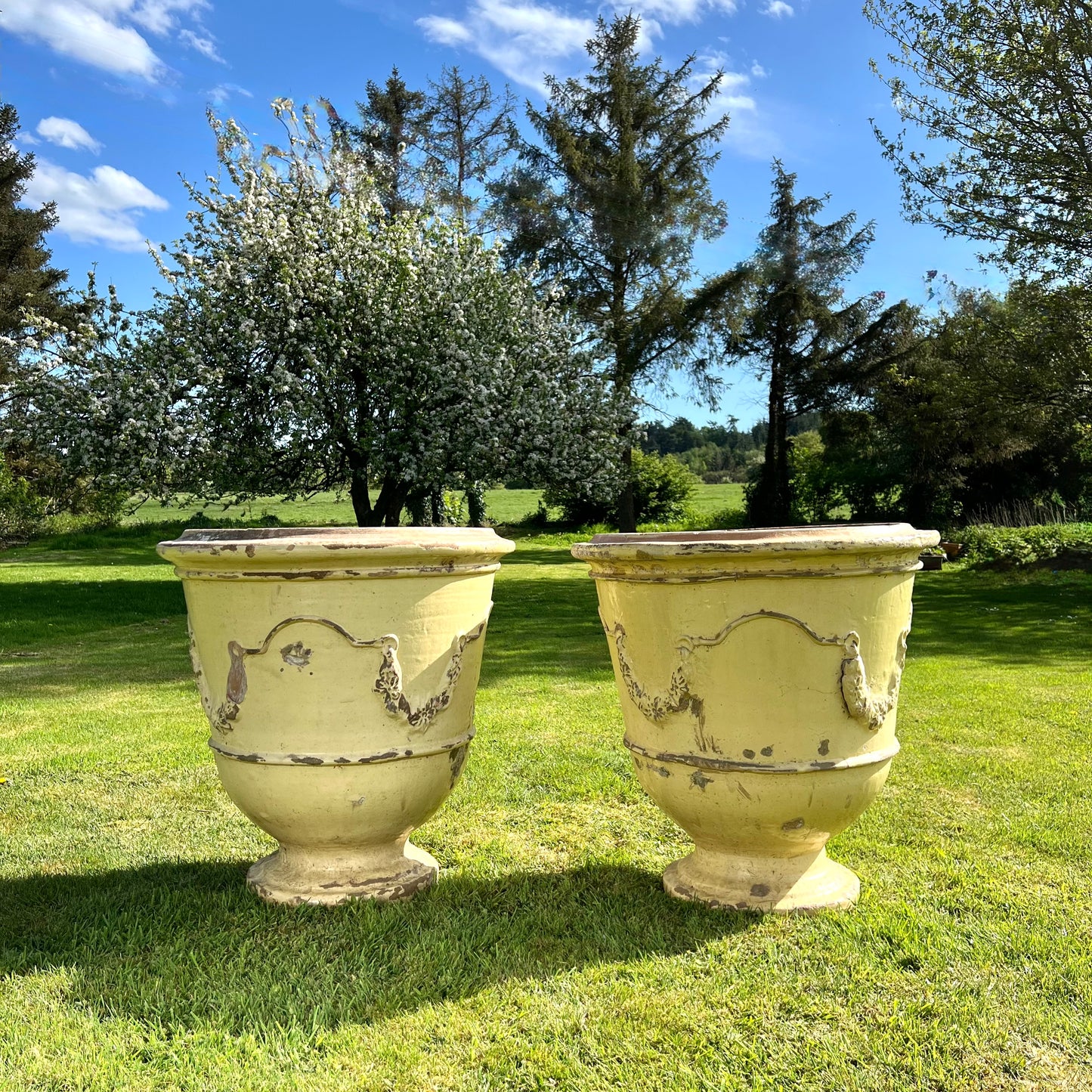 Huge Pair of Cream Glazed Terracotta “Jarre d’Anduze” Urns