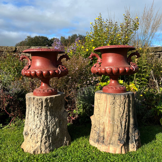 Pair of English Cast-Iron Urns with Dragon Handles