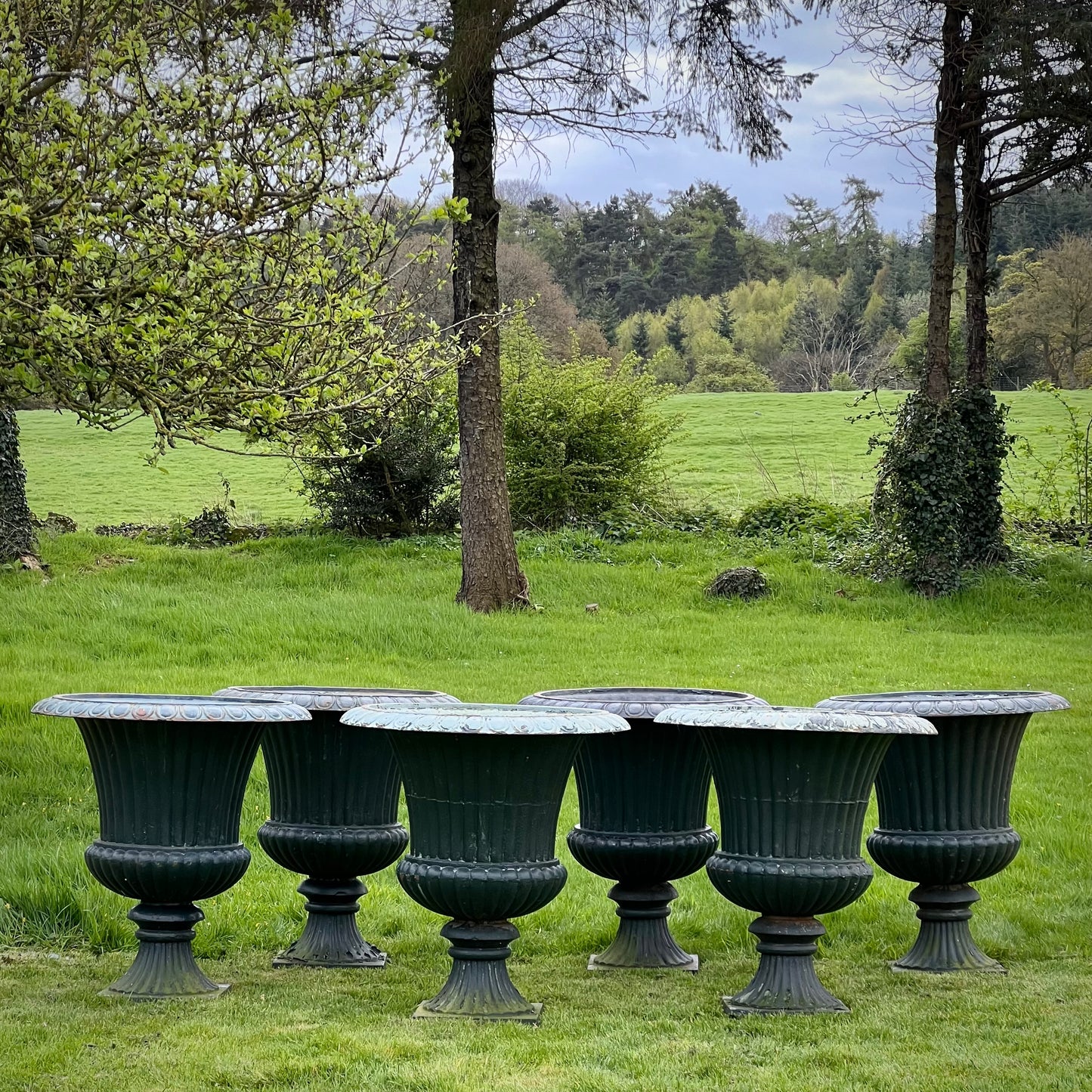 Set of Six Huge French Cast Iron Campana Urns