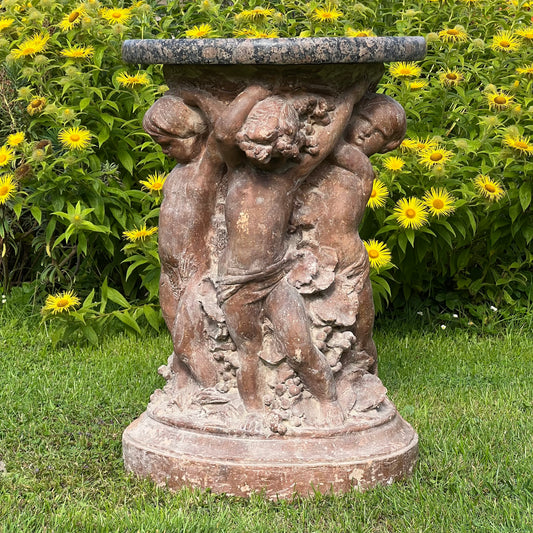 18th Century French Terracotta Putti Demi-Lune Table with Marble Top