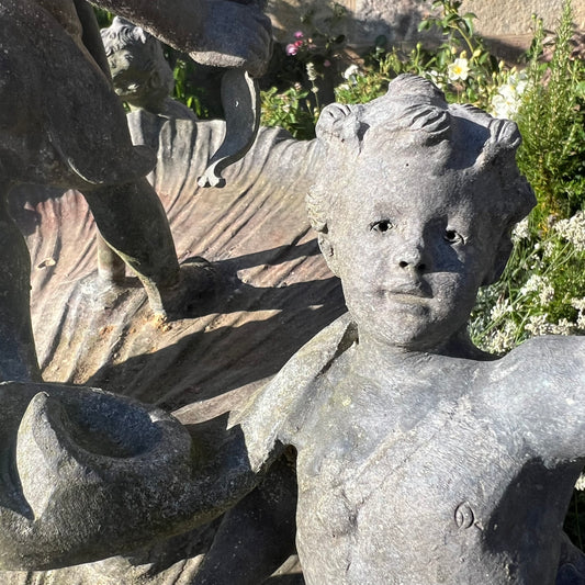 English Lead Garden Fountain with Cherub Figures, c.1920