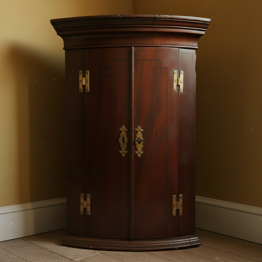 English George III Bow-Fronted Mahogany Corner Cupboard with Geometric Inlay, c.1770