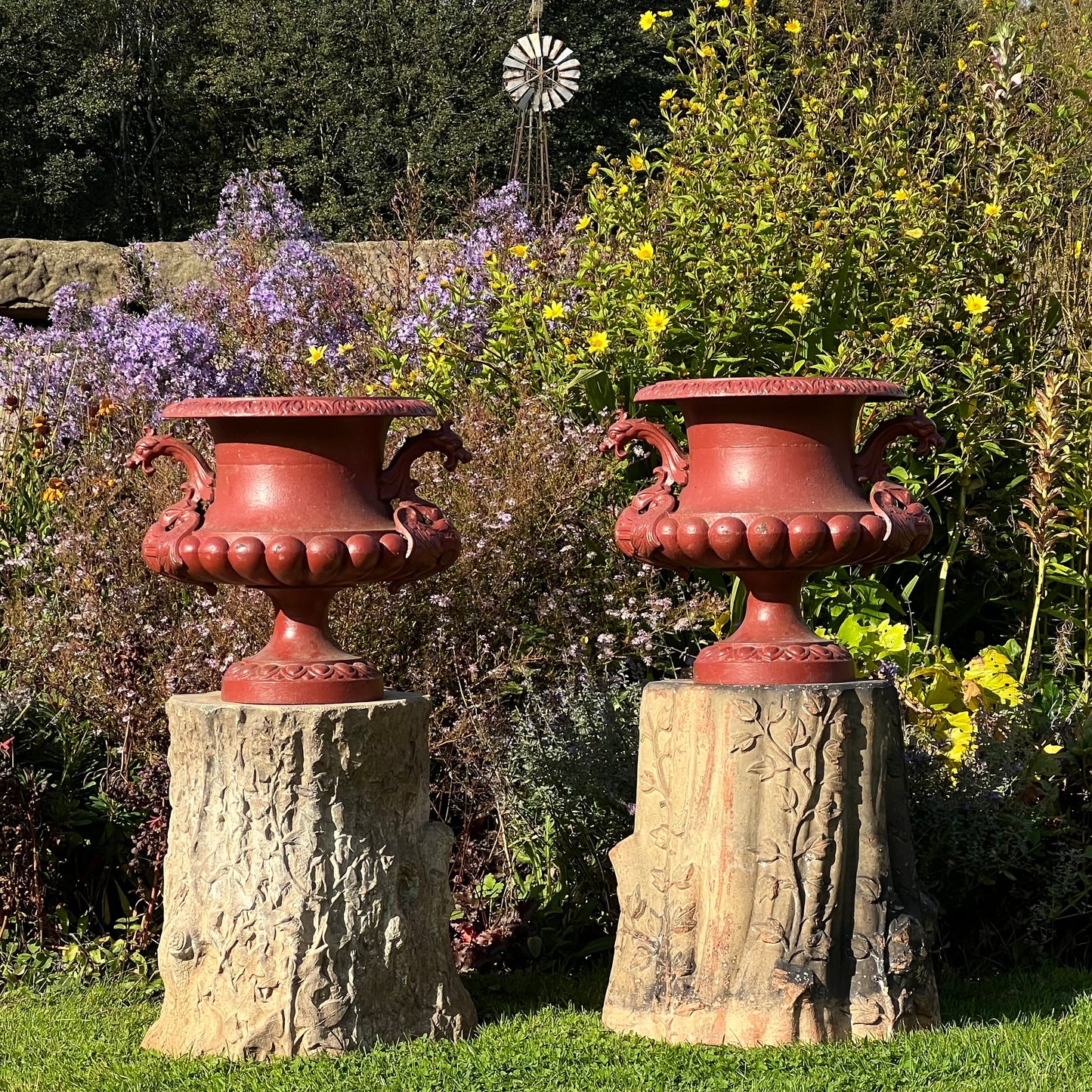Pair of English Cast-Iron Urns with Dragon Handles