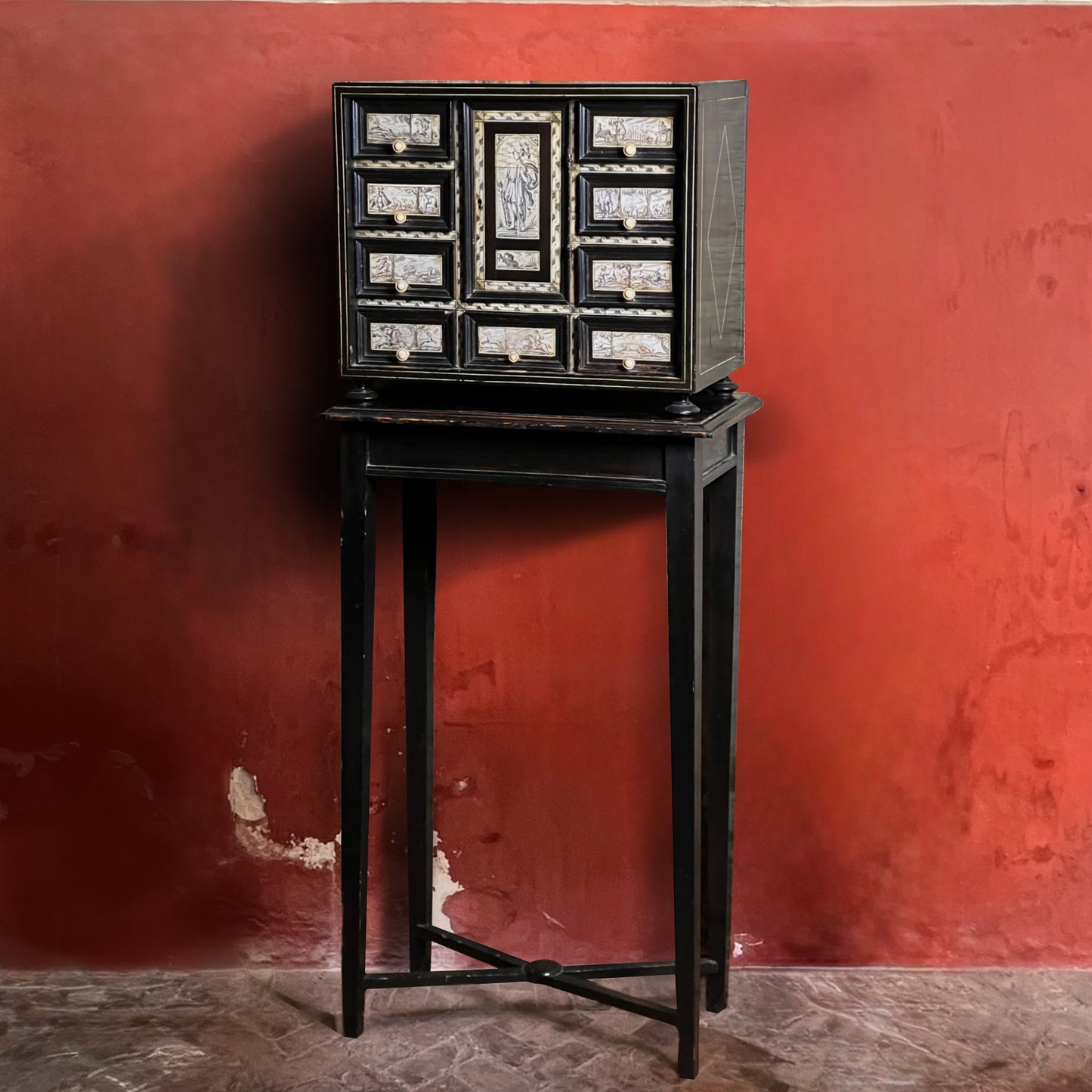 Italian Collector’s Table Cabinet, 17th Century – Ebonised with Ivory Inlay