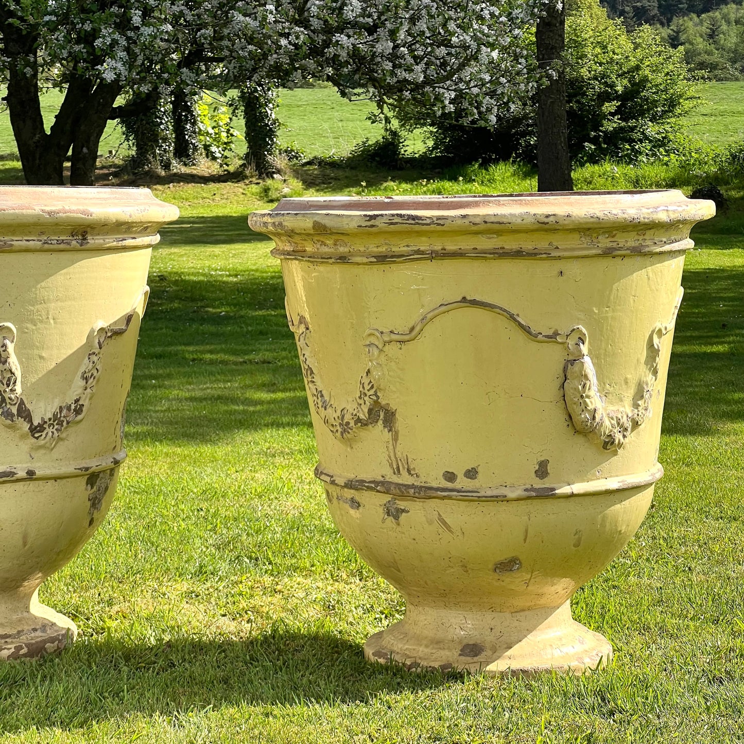 Huge Pair of Cream Glazed Terracotta “Jarre d’Anduze” Urns