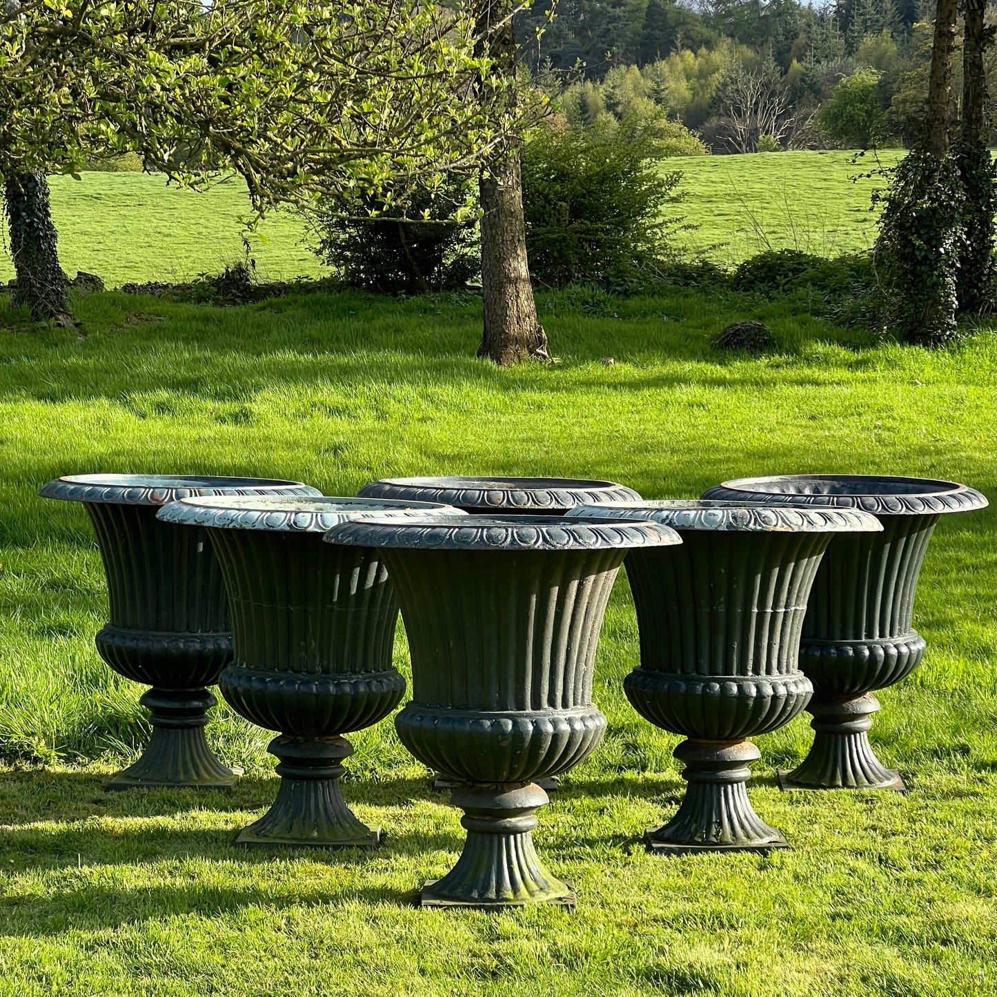 Set of Six Huge French Cast Iron Campana Urns