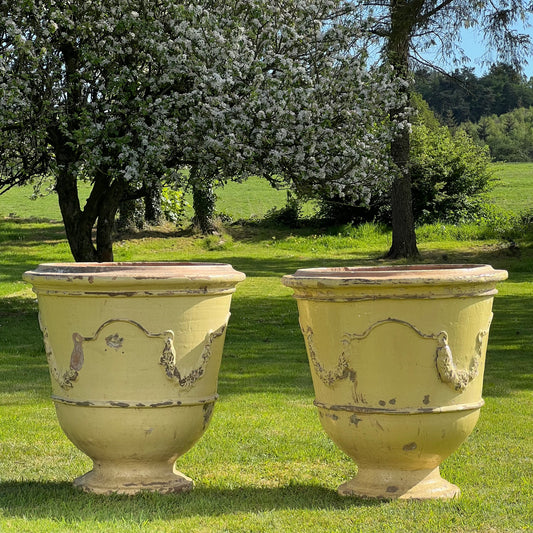 Huge Pair of Cream Glazed Terracotta “Jarre d’Anduze” Urns
