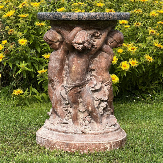 18th Century French Terracotta Putti Demi-Lune Table with Marble Top