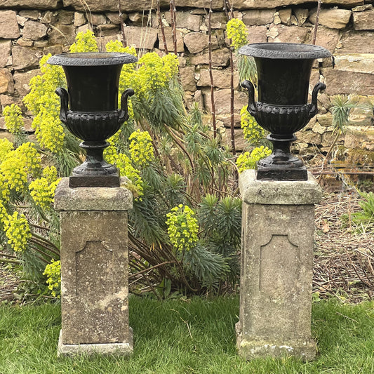 Petit Cast Iron Urns with Plinths