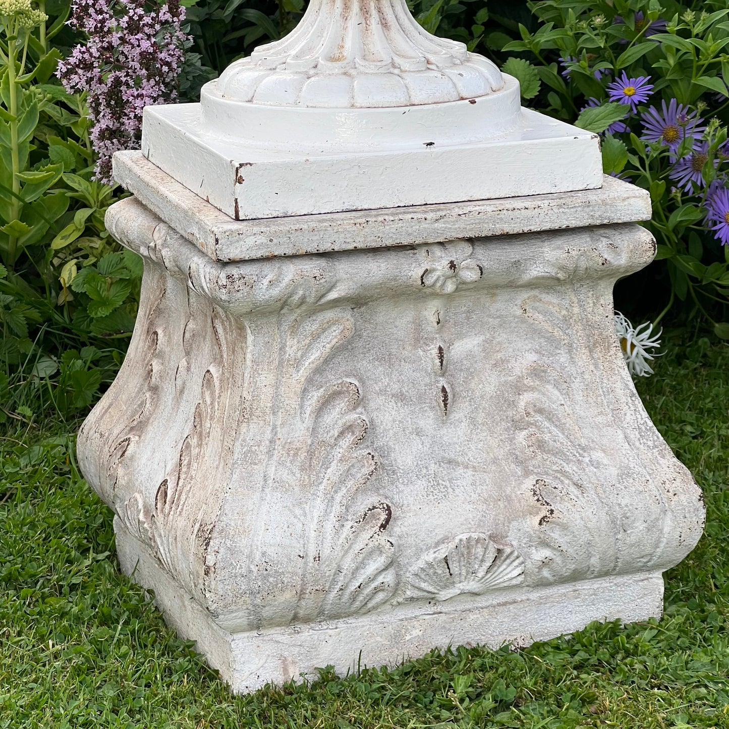 Pair of English Victorian Cast Iron Garden Urns on Ornamented Bases