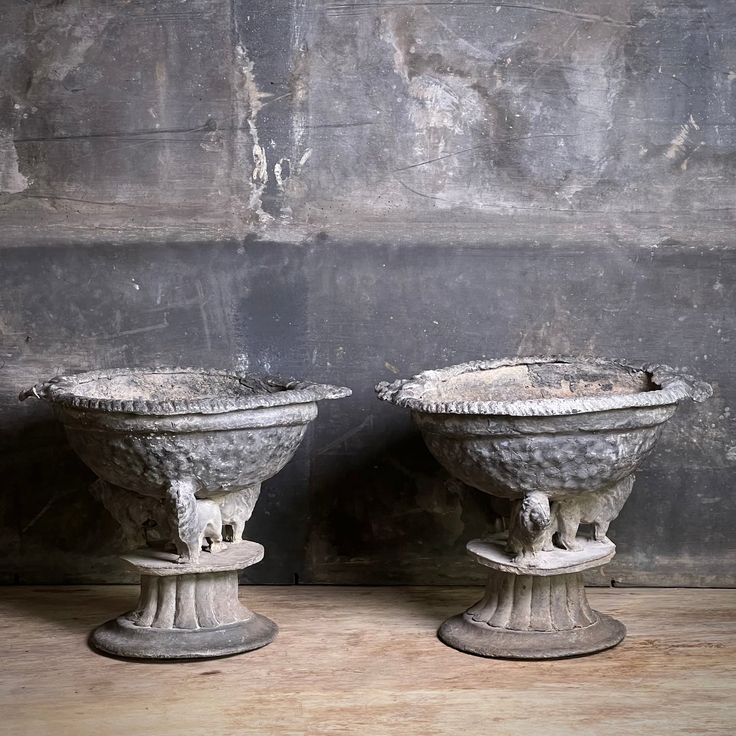 Pair of Georgian Lead Urns with Lion Supports, England c.1820