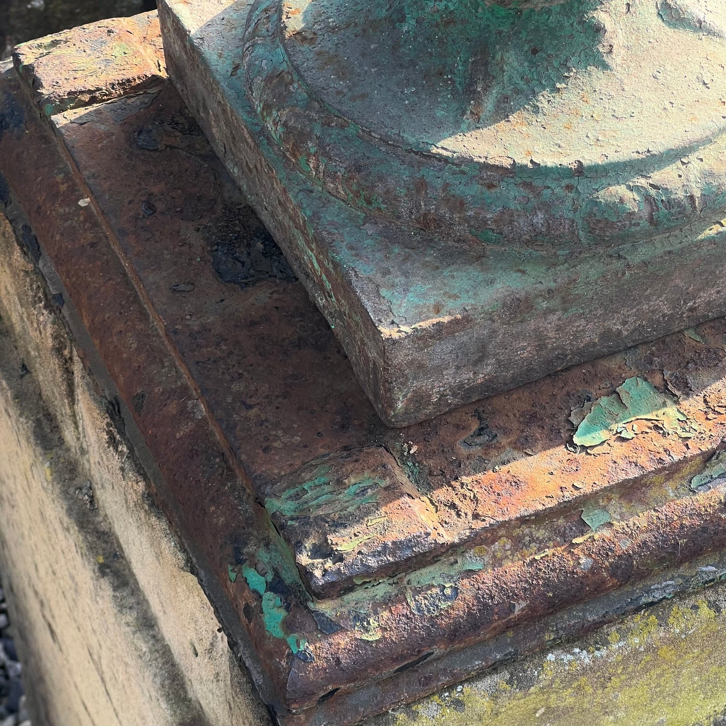 Pair of French Cast Iron Tazza Urns on Sandstone Plinths c.1880