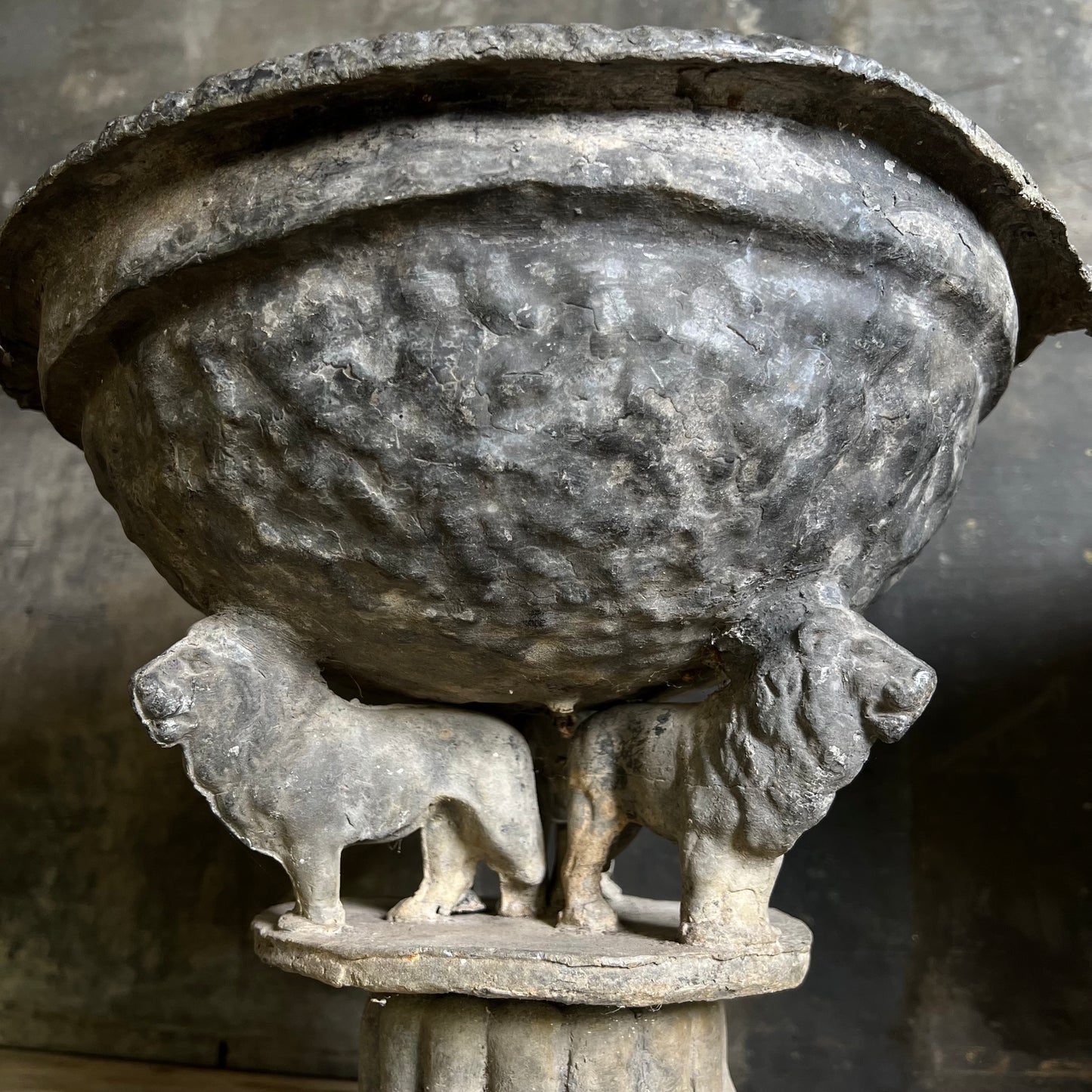 Pair of Georgian Lead Urns with Lion Supports, England c.1820