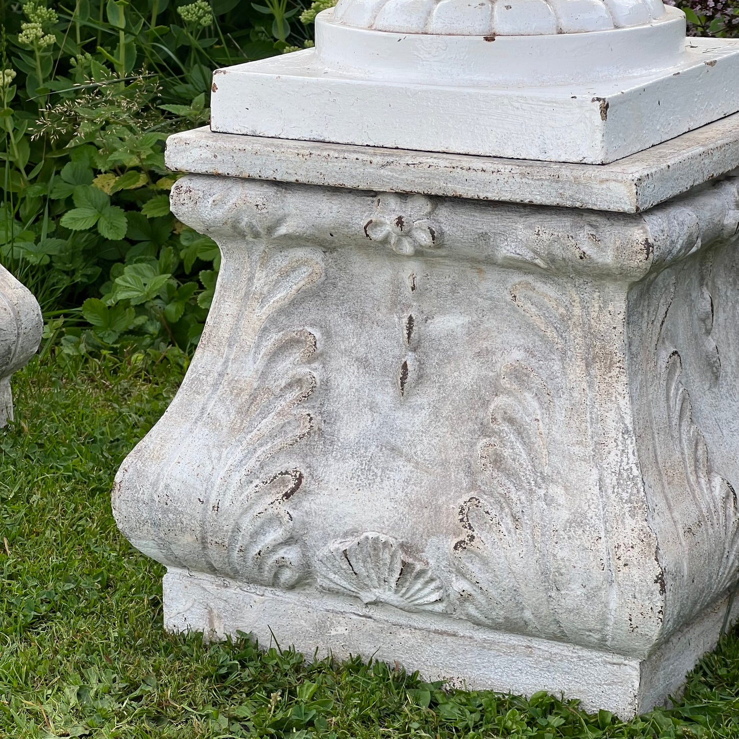 Pair of English Victorian Cast Iron Garden Urns on Ornamented Bases
