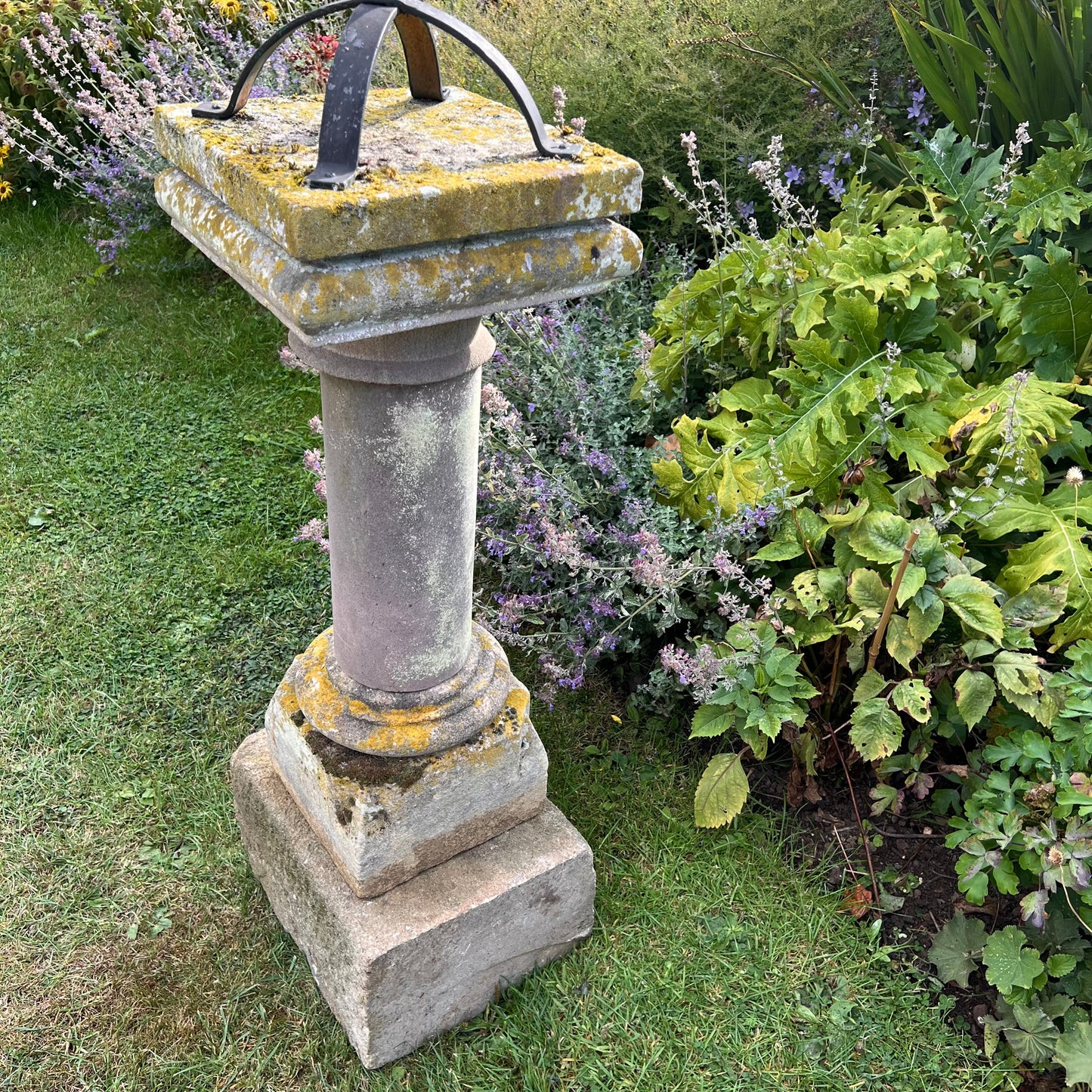 Wrought Iron Armillary Sphere upon English Carved Stone Column