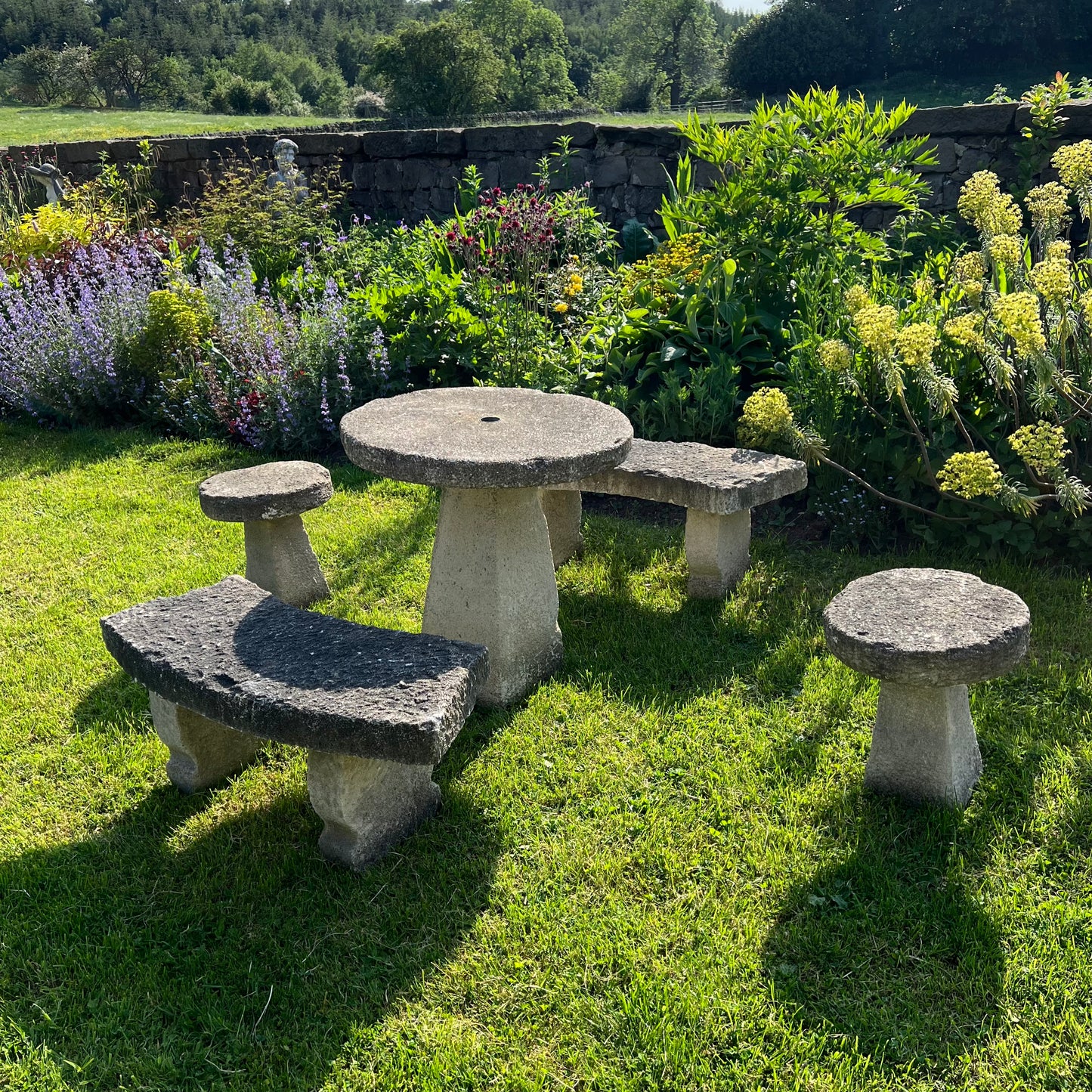 Vintage Composite Stone Garden Table, Bench & Stool Dining Set