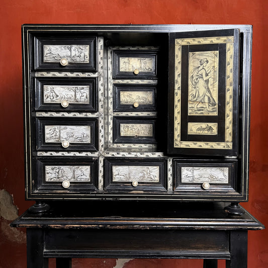 Italian Collector’s Table Cabinet, 17th Century – Ebonised with Ivory Inlay