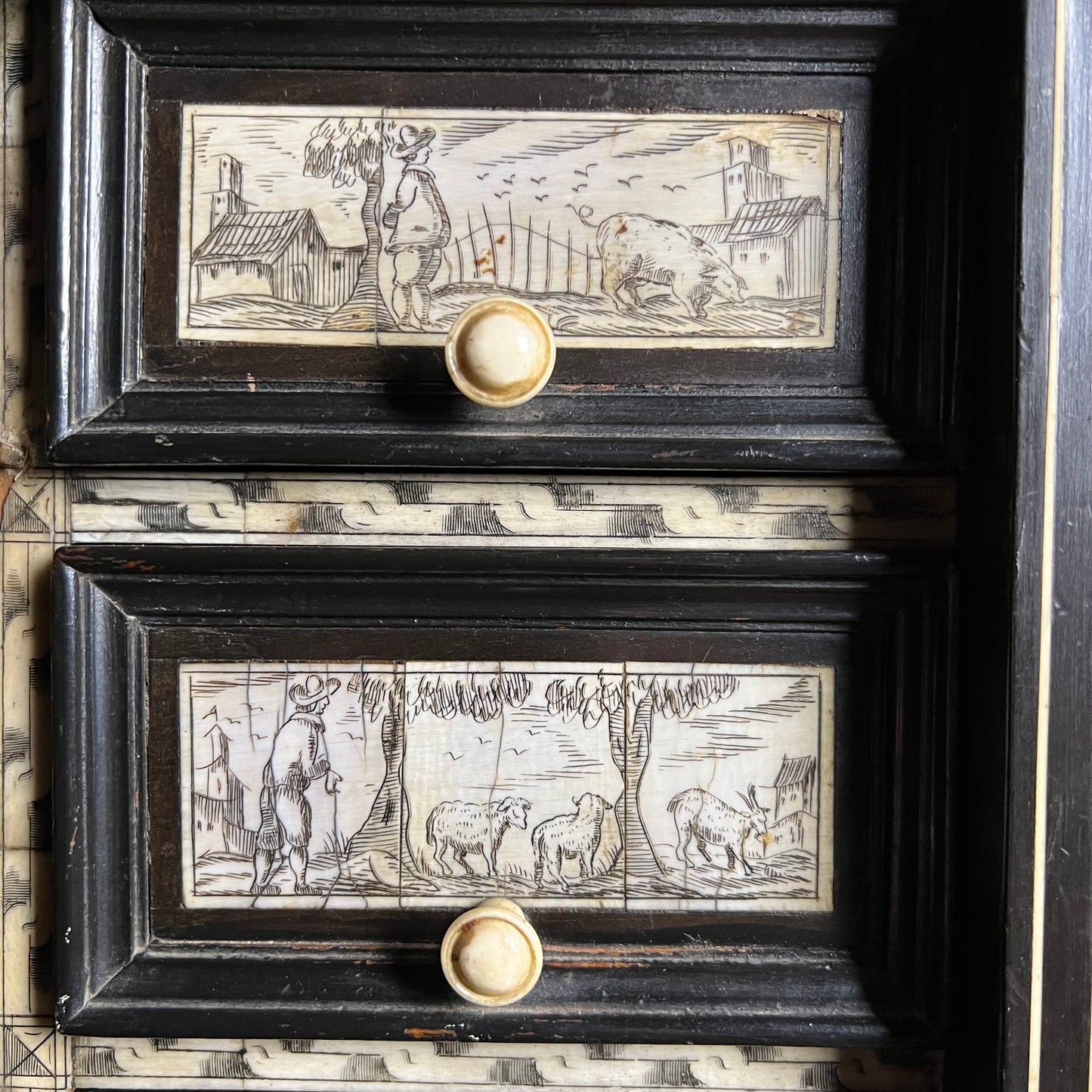 Italian Collector’s Table Cabinet, 17th Century – Ebonised with Ivory Inlay