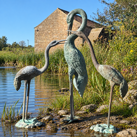 Set of Three Bronze Garden Cranes