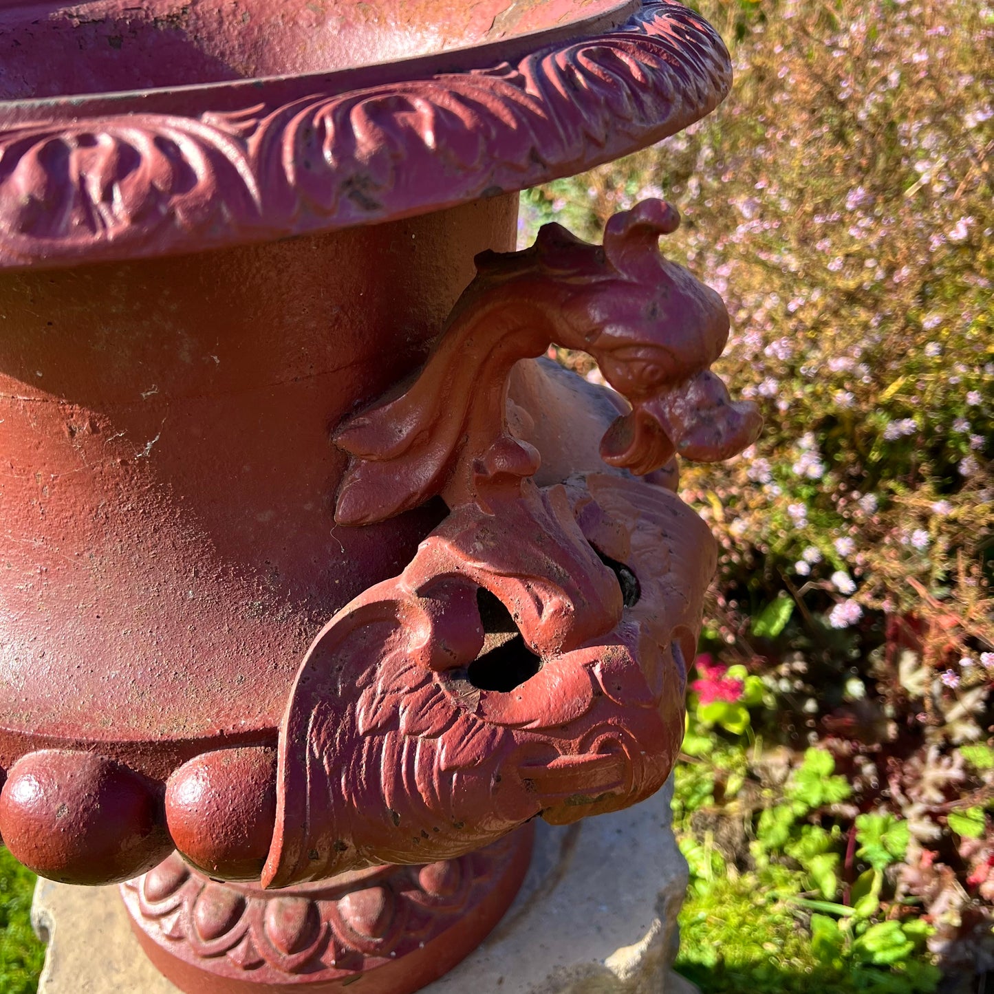 Pair of English Cast-Iron Urns with Dragon Handles