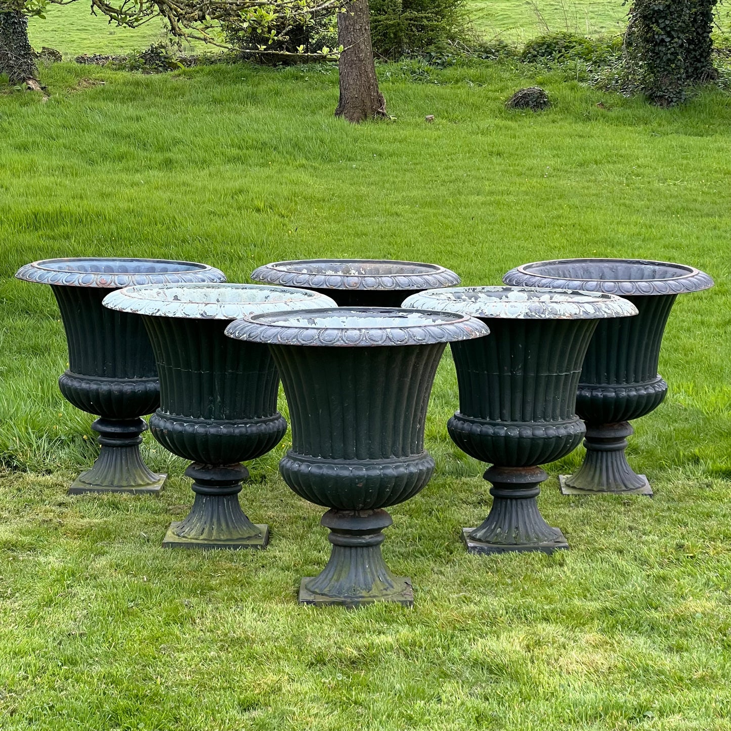 Set of Six Huge French Cast Iron Campana Urns