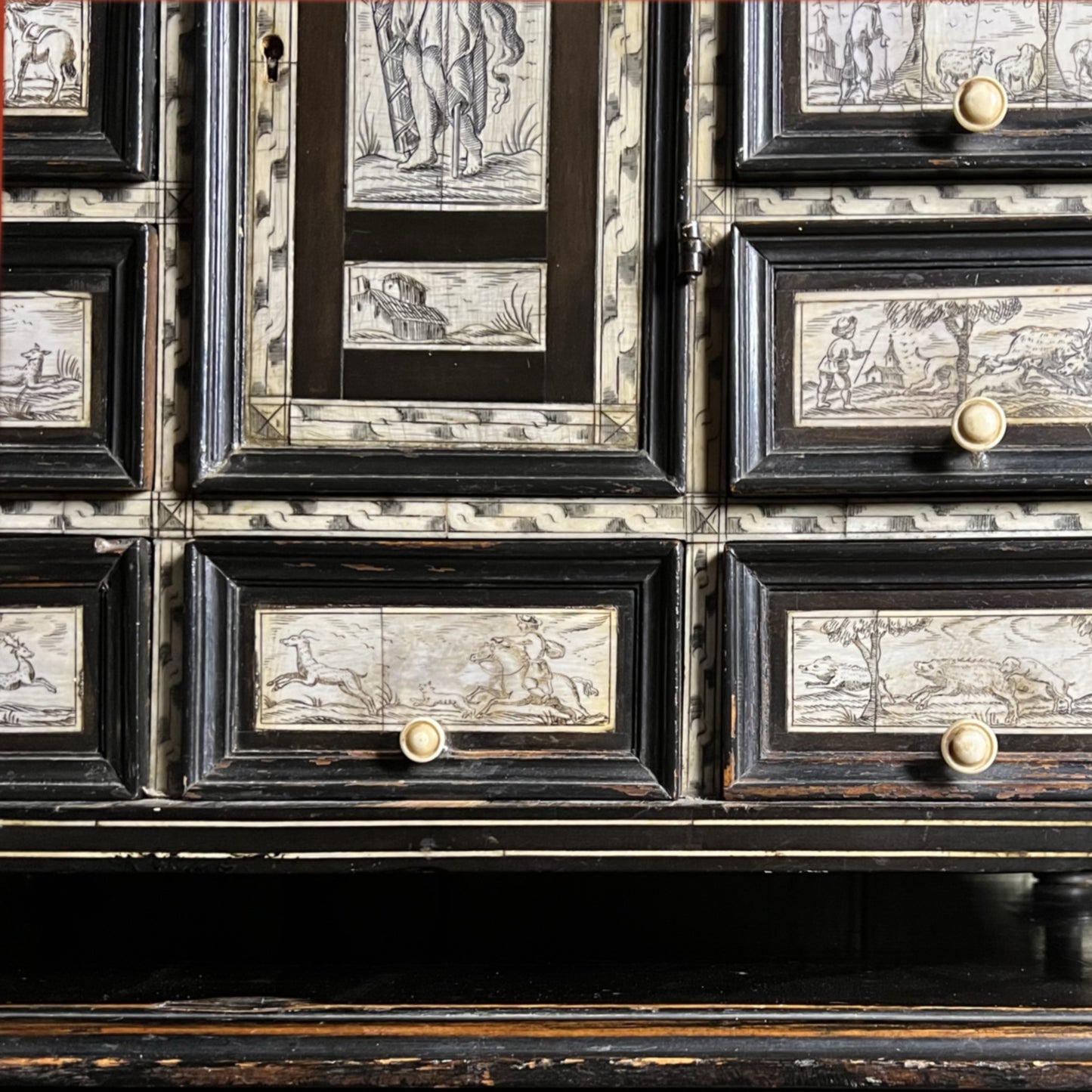 Italian Collector’s Table Cabinet, 17th Century – Ebonised with Ivory Inlay